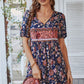 Casual Boho Floral Tie Neck Short Sleeve Mini Dress