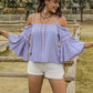 Blue Purple Casual Boho Square Collar Flare Sleeve Top
