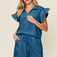 DOUBLE TAKE Full Size Texture Flounce Sleeve Top and Drawstring Shorts Set