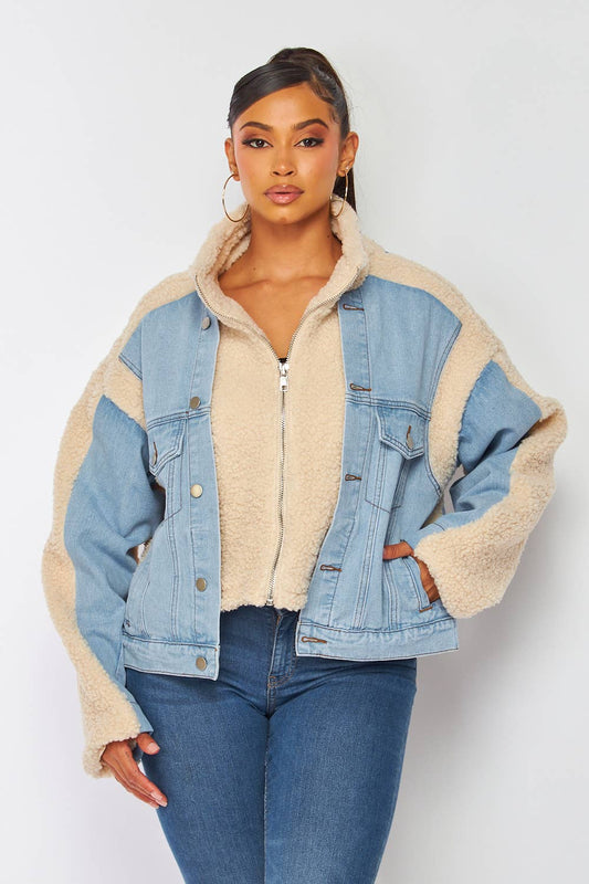 Christina's Fleece Women's Denim Jacket – Luxe Contrast Design & Oversized Fit