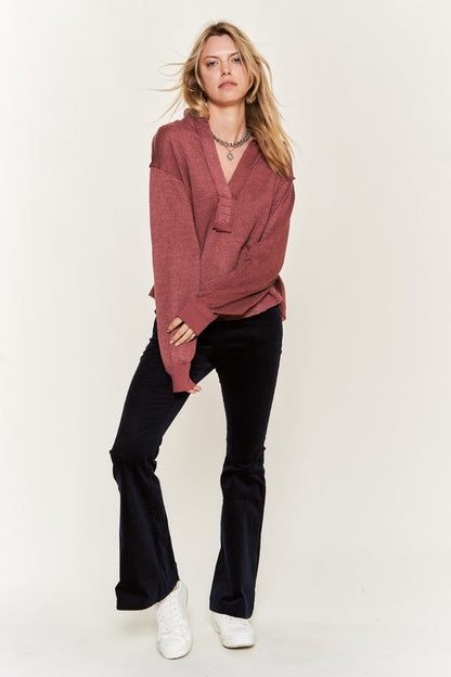 JADE by JANE Deep V-neck Collared Long sleeve Knit Top