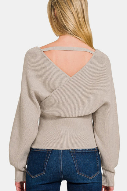 ZENANA Cross Wrap Rib Long Sleeve Sweater