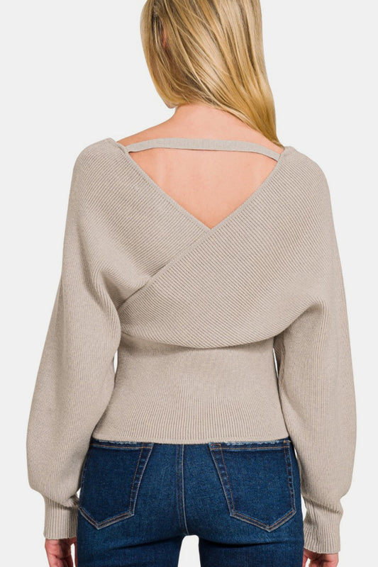 ZENANA Cross Wrap Rib Long Sleeve Sweater