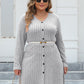 Plus Size Ribbed Buttoned V-Neck Long Sleeve Dress
