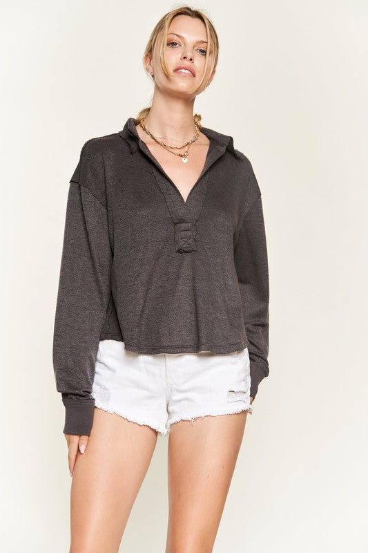 JADE by JANE Deep V-neck Collared Long sleeve Knit Top