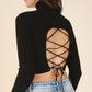 LILOU Black Long Sleeves Mock Neck Lace-up Open Back Top