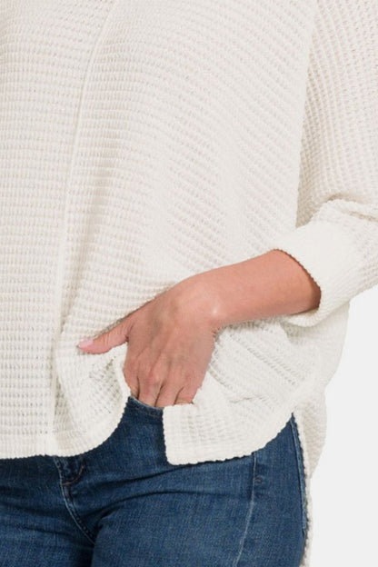 ZENANA Full Size Round Neck High-Low Slit Knit Top