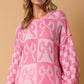 DOUBLE TAKE Women's Pink Full Size Checkered Bow Contrast Long Sleeve Sweater