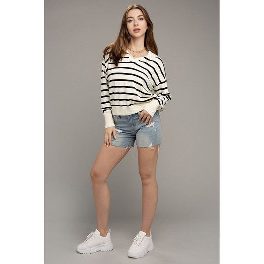 NUVI APPAREL Stripe Collared Knitted Top