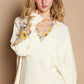 POL Women's Cream Lace Detail Flower Printed V-Neck Knit Top