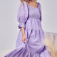 BiBi Lavender Swiss Dot Flounce Sleeve Smocked Tiered Midi Dress