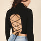 LILOU Black Long Sleeves Mock Neck Lace-up Open Back Top