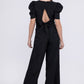 NUVI APPAREL Black V Neck Puff Sleeves Jumpsuit