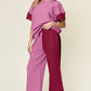 DOUBLE TAKE Full Size Texture Contrast T-Shirt and Wide Leg Pants Set