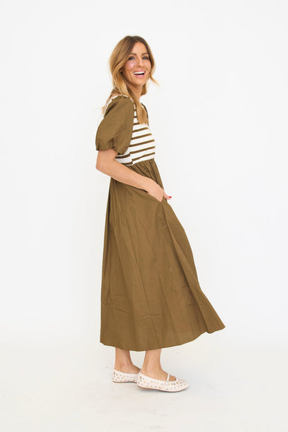 ANNIEWEAR Women's Balloon Sleeve Mixed Media Midi Dress