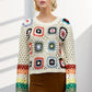 DAVI & DANI Floral Crochet Striped Sleeve Cropped Knit Sweater