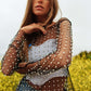 DAVI & DANI Bead and Pearl Embellished Long Sleeves Mesh Top
