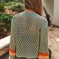 DAVI & DANI Floral Crochet Striped Sleeve Cropped Knit Sweater