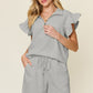 DOUBLE TAKE Full Size Texture Flounce Sleeve Top and Drawstring Shorts Set