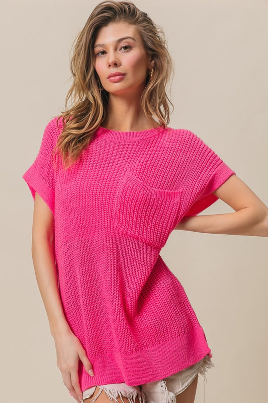 BiBi Patch Fuchsia Pocket Short Sleeve Sweater