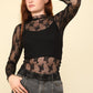 VERY J Mock Neck Fitted Sheer Mesh Lace Blouse