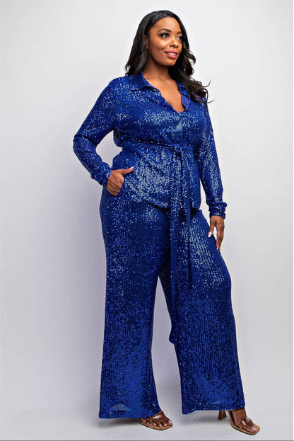 SYLVIA Luxury Plus-size Sequin Shirt & Wide-leg Pants Set Outfit