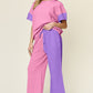 DOUBLE TAKE Full Size Texture Contrast T-Shirt and Wide Leg Pants Set