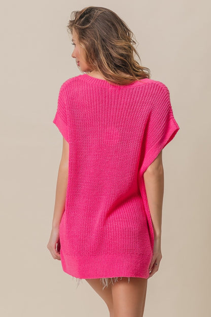 BiBi Patch Fuchsia Pocket Short Sleeve Sweater