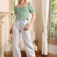 LILOU Green Floral Puffed-sleeves Smocked Top
