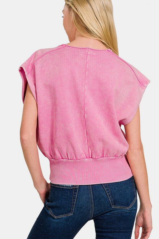 ZENANA Washed Boat Neck Bottom Banded Dolman Sleeve Top
