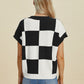 DOUBLE TAKE Full Size Checkered Round Neck Short Sleeve Sweater