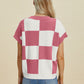 DOUBLE TAKE Full Size Checkered Round Neck Short Sleeve Sweater