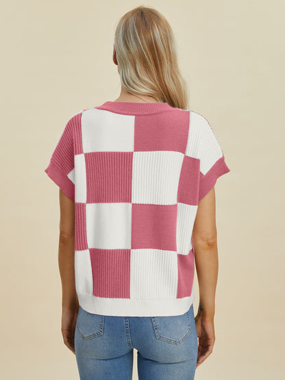 DOUBLE TAKE Full Size Checkered Round Neck Short Sleeve Sweater