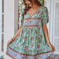 Casual Boho Floral Tie Neck Short Sleeve Mini Dress