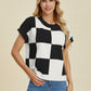 DOUBLE TAKE Full Size Checkered Round Neck Short Sleeve Sweater