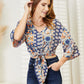 YO Tie Hem V-Neck Three-Quarter Sleeve Blouse
