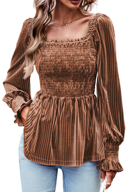 Brown Tie Back Square Neck Velvet Babydoll Dress