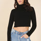 LILOU Black Long Sleeves Mock Neck Lace-up Open Back Top
