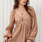 DOUBLE TAKE Tie Back Smocked Long Sleeve Babydoll Blouse