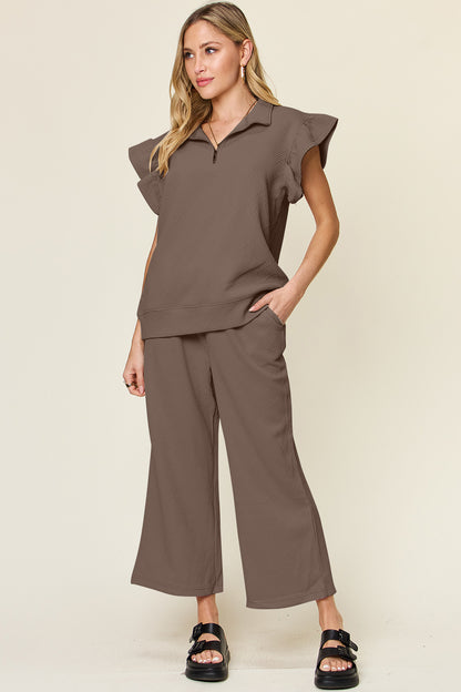DOUBLE TAKE Texture Ruffle Short Sleeve Top and Drawstring Wide Leg Pants Set