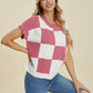 DOUBLE TAKE Full Size Checkered Round Neck Short Sleeve Sweater