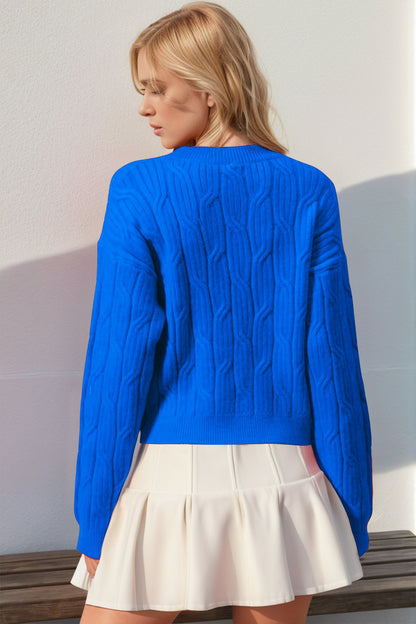 DOUBLE Full Size Bow Cable-Knit Round Neck Sweater