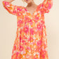 AND THE WHY Casual Full Size Orange Multi Floral Print V-neck Dress with Long Balloon Sleeves