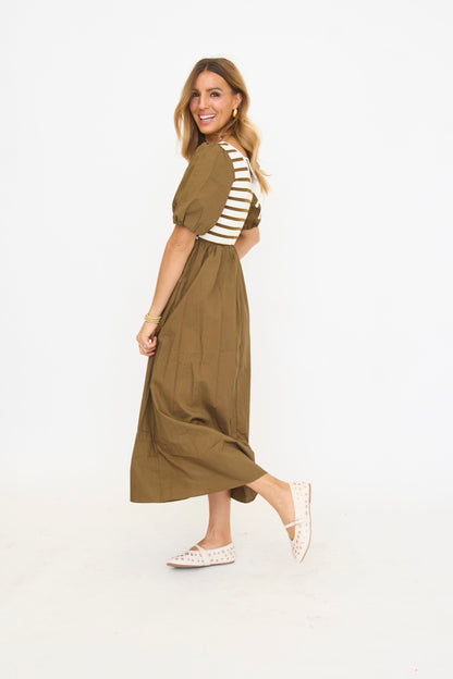 ANNIEWEAR Women's Balloon Sleeve Mixed Media Midi Dress