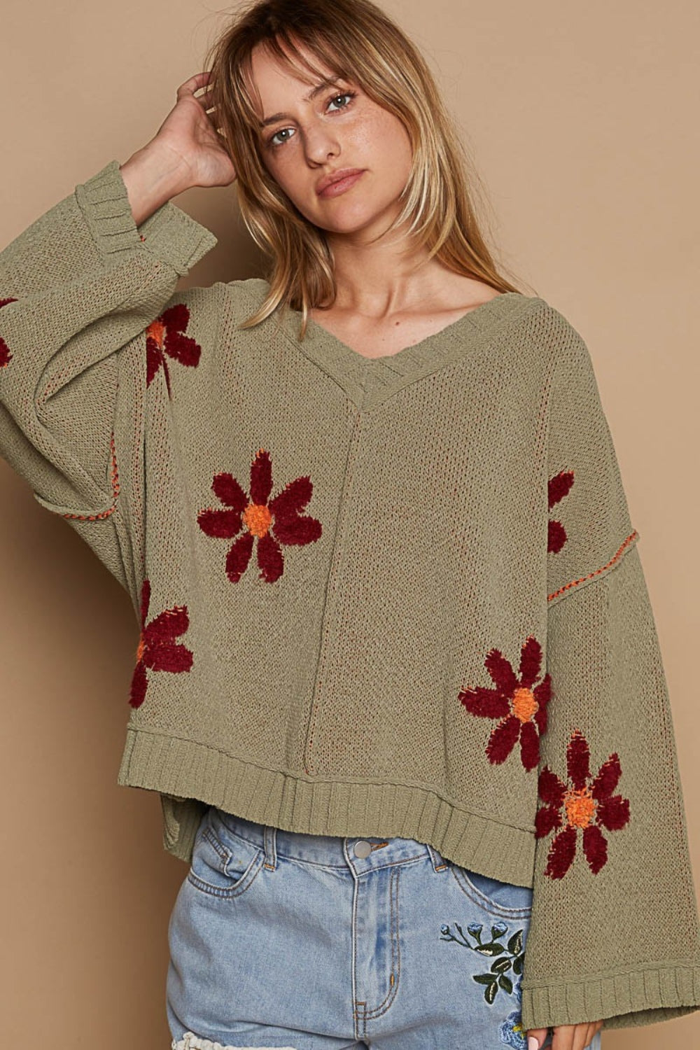 POL Olive V-Neck Floral Pattern Chenille Sweater
