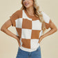 DOUBLE TAKE Full Size Checkered Round Neck Short Sleeve Sweater