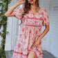 Casual Boho Floral Tie Neck Short Sleeve Mini Dress