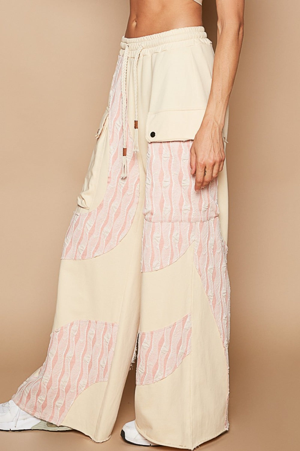 POL Women's Crochet Contrast Beige Cream Drawstring Wide Leg Pants