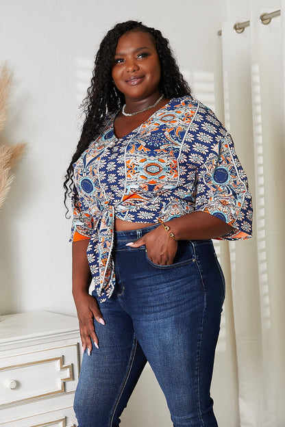 YO Tie Hem V-Neck Three-Quarter Sleeve Blouse