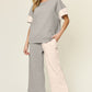 DOUBLE TAKE Full Size Texture Contrast T-Shirt and Wide Leg Pants Set